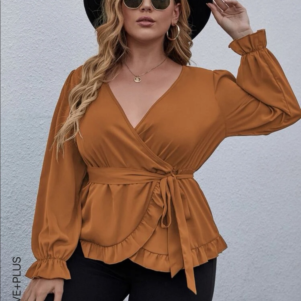 Wrap frill trimmed belted blouse